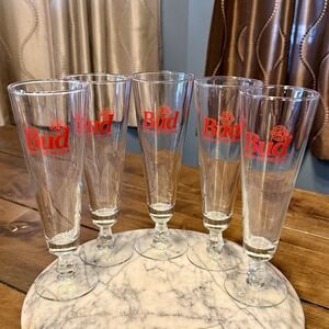 5pc VTG Budweiser Bud King of Beers 10oz Footed Fluted Pilsner BEER Glasses 8.5"